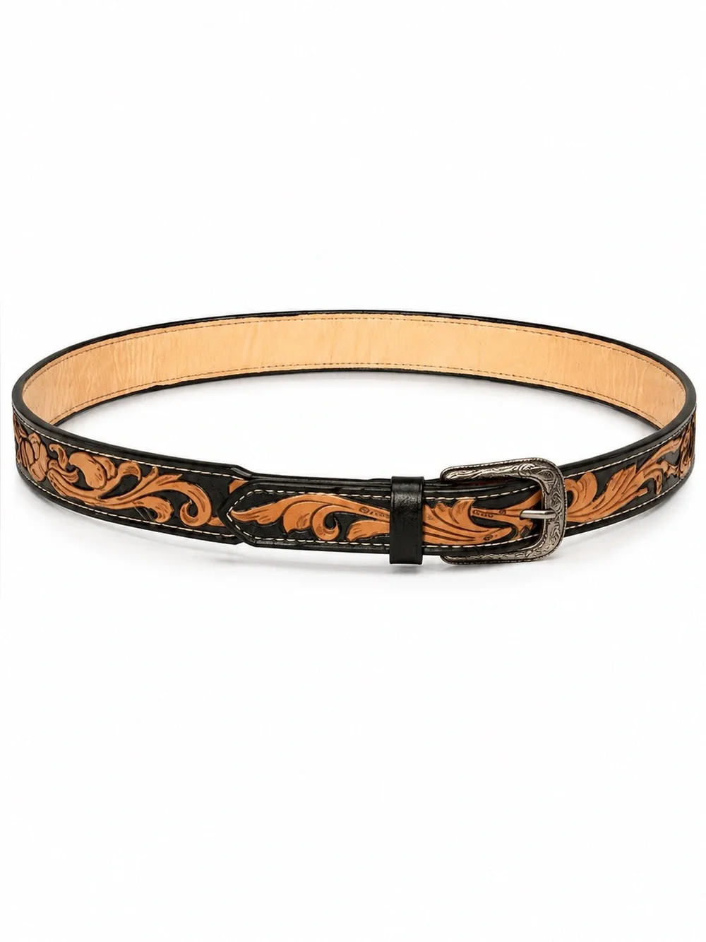 Tooled Leather Belt - Black Tan handmade